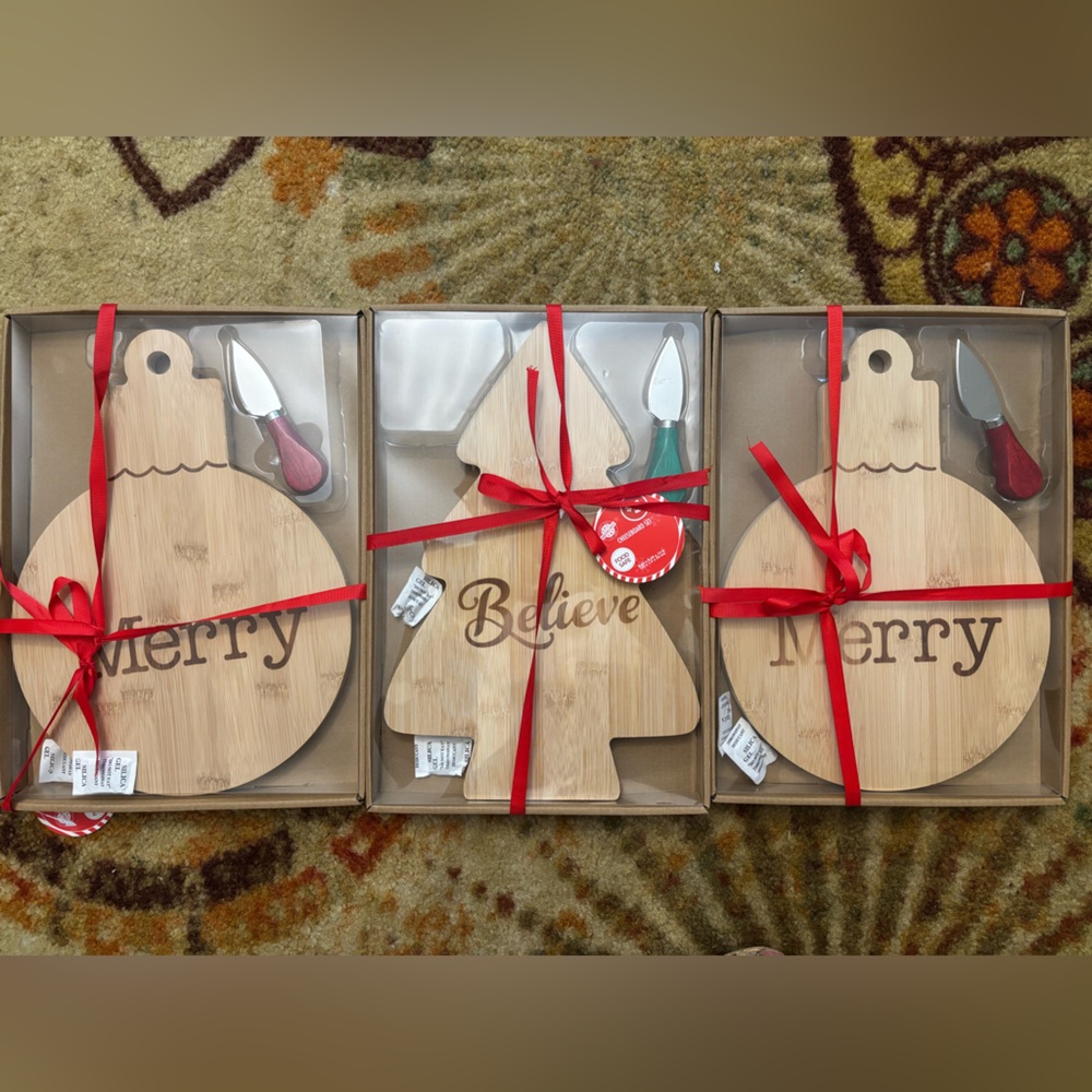 Set of 3 Holiday Bamboo Cheese Board Set with Red Accents - Merry / Believe